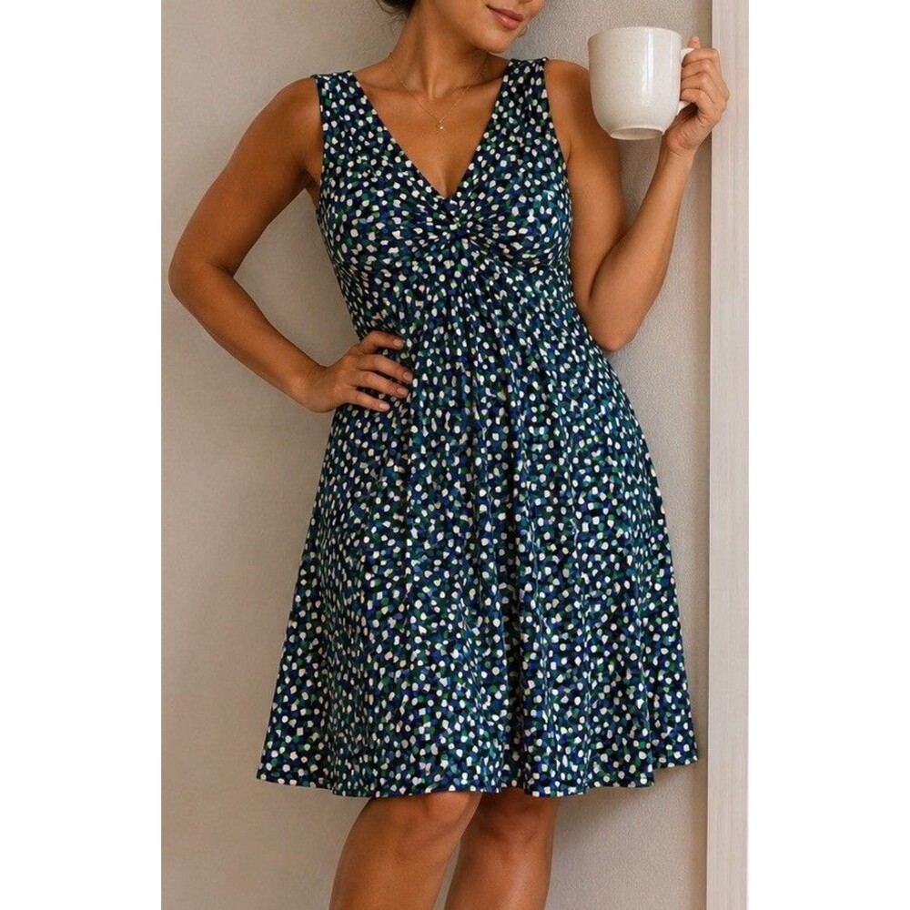 Vtg George Sleeveless Geometric A-Line Dress Blue Green White Knee Length Size L